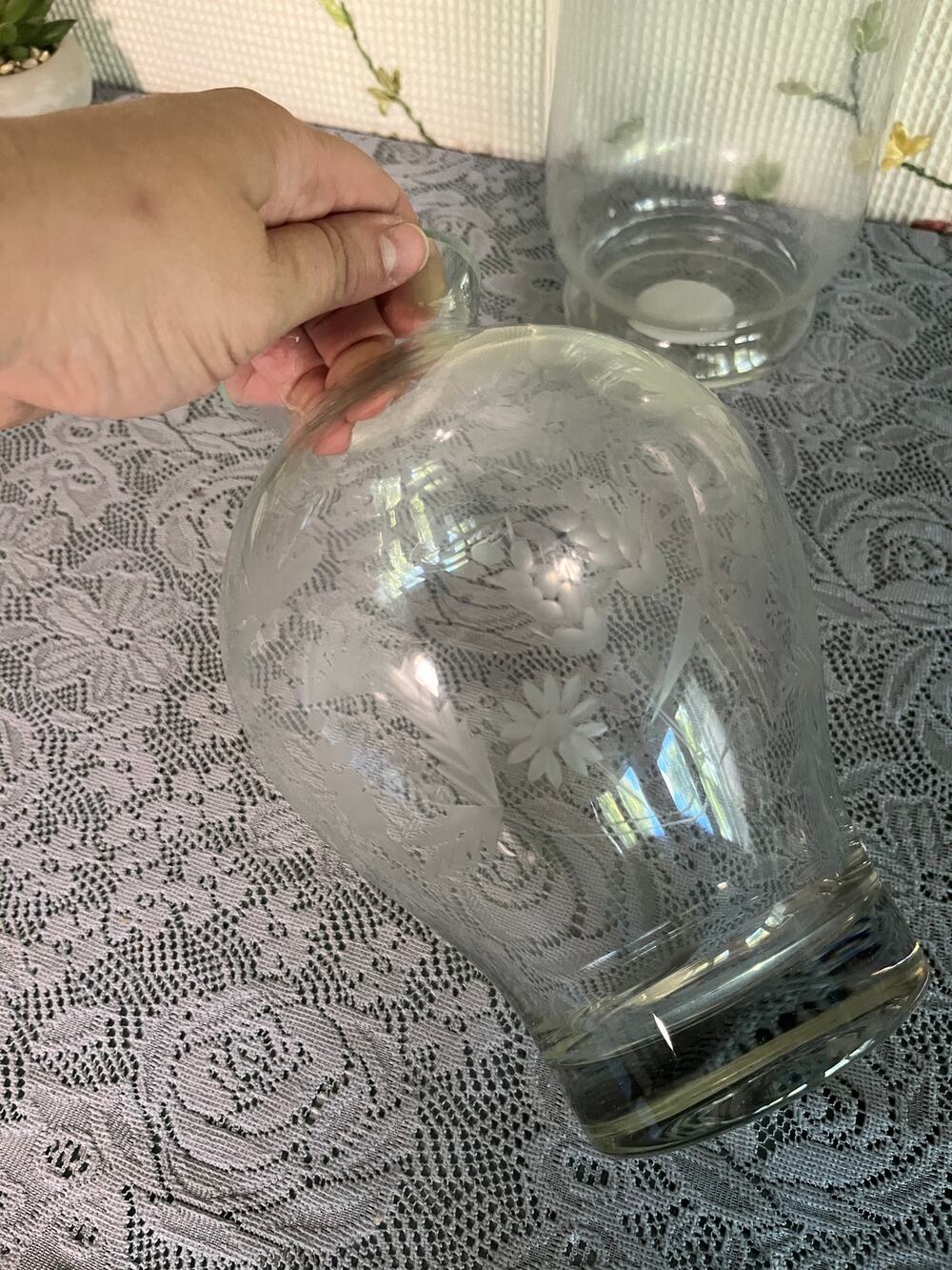 Etched Floral Glass Vase Pair Daisy Wheat Design Clear Bud Vases Set of 2